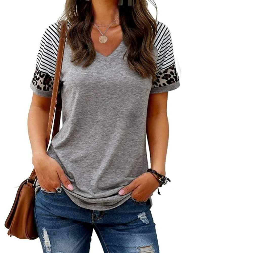 WOMENS Short Sleeve Tshirts V Neck Loose Casual Blouse Color Block Tees